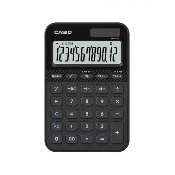 Stalinis skaičiuotuvas CASIO MS-20YC – pagrindinis modelis, baterija/saulė, mokesčių ir pelno skaičiavimai, juodas