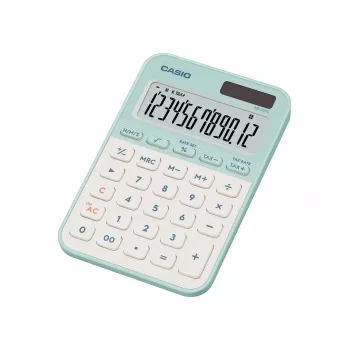 Stalinis skaičiuotuvas CASIO MS-20YC – 12 skaitmenų, baterija/saulė, mokesčių ir pelno funkcijos, šviesiai žalia