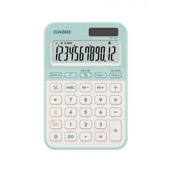 Stalinis skaičiuotuvas CASIO MS-20YC – 12 skaitmenų, baterija/saulė, mokesčių ir pelno funkcijos, šviesiai žalia