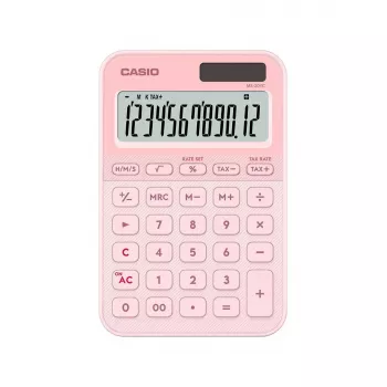 Stalinis skaičiuotuvas CASIO MS-20YC – 12 skaitmenų, mokesčių ir pelno funkcijos, baterija/saulės, šviesiai rožinis
