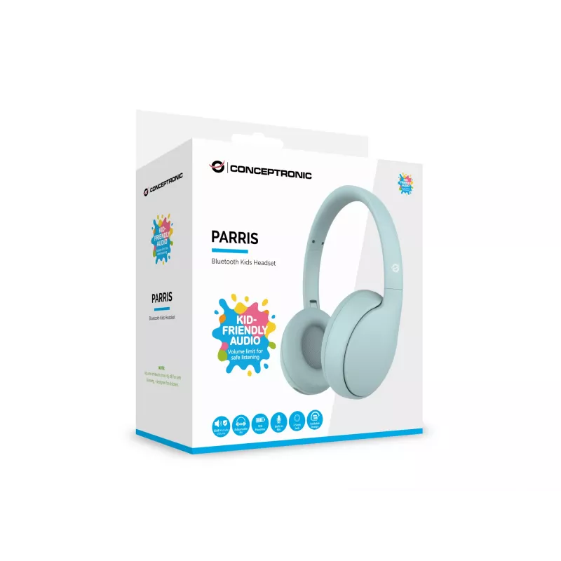 Ausinės vaikams CONCEPTRONIC PARRIS04B – Bluetooth ir laidinės, ausinės, 20–20 000 Hz, 170 g, šviesiai mėlyna