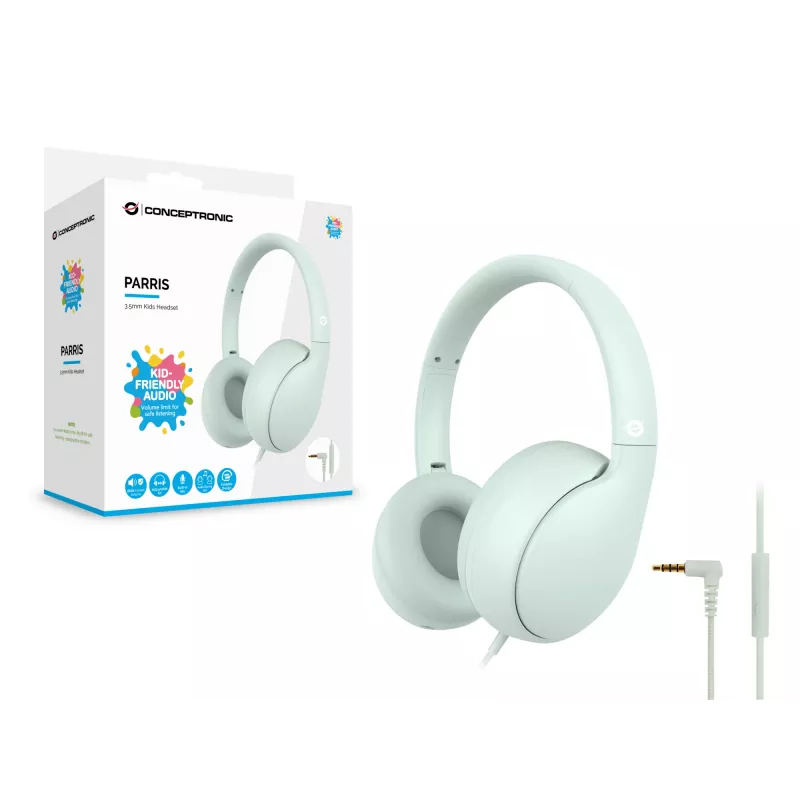 CONCEPTRONIC PARRIS04GT ausinės vaikams, laidinės, 3.5 mm, apgaubiančios, 20–20000 Hz, 1.6 m kabelis, šviesiai žalios