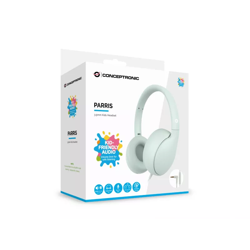 CONCEPTRONIC PARRIS04GT ausinės vaikams, laidinės, 3.5 mm, apgaubiančios, 20–20000 Hz, 1.6 m kabelis, šviesiai žalios