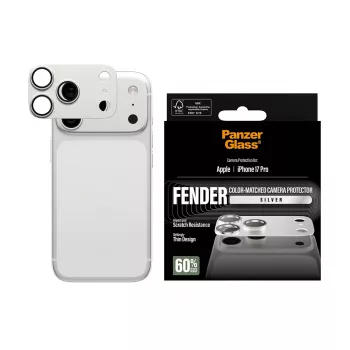 Apsauginis kameros dangtelis PanzerGlass Fender, skirtas iPhone 17 Pro, sidabrinis, silikoninis, atsparus įbrėžimams ir smūgiams