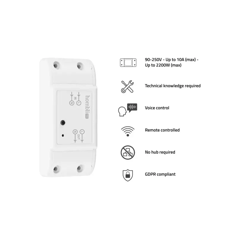 Hombli Smart Switch 2P belaidis modulis 230V (90–250V, 50–60Hz), 39×88×24 mm