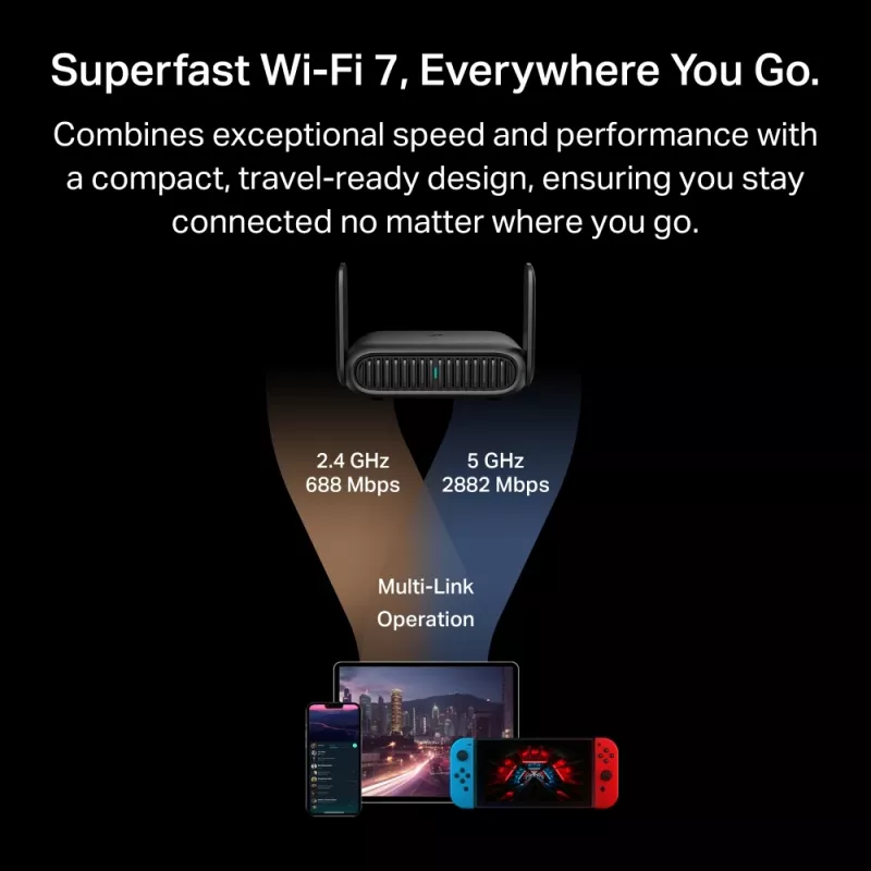 TP-Link BE3600 belaidis maršrutizatorius Wi-Fi 7, 2.5 Gigabit Ethernet, dviejų juostų (2,4 GHz / 5 GHz), juodas
