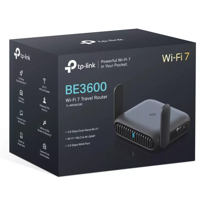 TP-Link BE3600 belaidis maršrutizatorius Wi-Fi 7, 2.5 Gigabit Ethernet, dviejų juostų (2,4 GHz / 5 GHz), juodas
