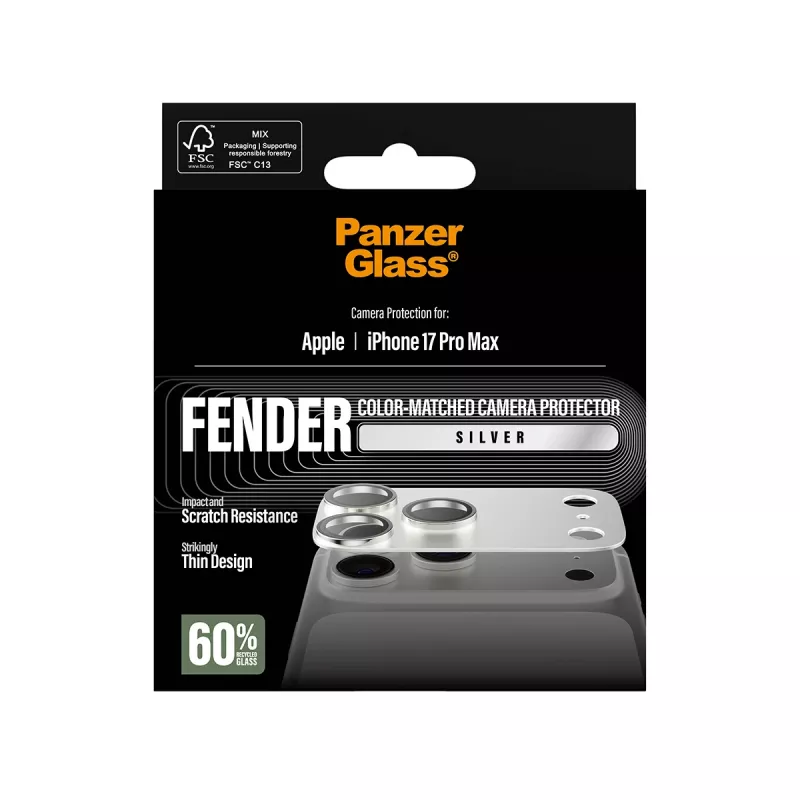 PanzerGlass Fender fotoaparato apsauga, skirta iPhone 17 Pro Max – silikoninė, sidabrinė, atspari įbrėžimams ir smūgiams