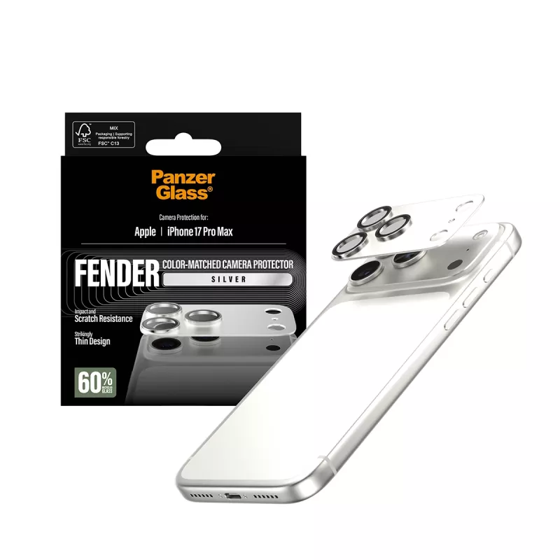 PanzerGlass Fender fotoaparato apsauga, skirta iPhone 17 Pro Max – silikoninė, sidabrinė, atspari įbrėžimams ir smūgiams