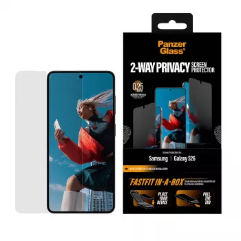 Apsauginis stiklas PanzerGlass 2-Way Privacy, skirtas Samsung New Galaxy S 2026, Ultra-Wide Fit, PET + silikonas, atsparus įbrėžimams ir smūgiams