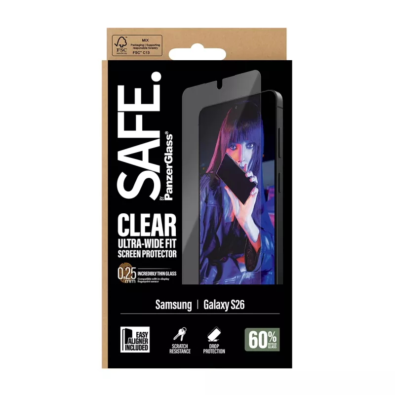 Apsauginis stiklas PanzerGlass SAFE by Samsung New Galaxy S 2026 – Ultra-Wide Fit, PET+silikonas, permatomas