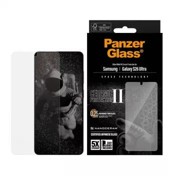 Apsauginis stiklas PanzerGlass Ceramic, skirtas Samsung Galaxy S26 Ultra – grūdintas stiklas-keramika, Ultra-Wide Fit, EasyAligner, permatomas