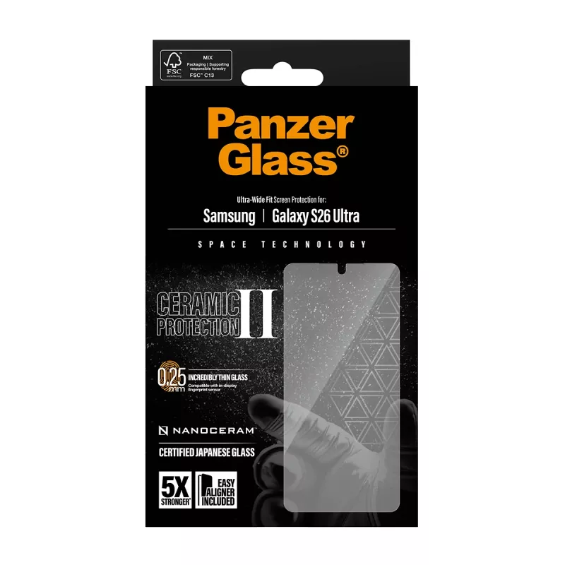 Apsauginis stiklas PanzerGlass Ceramic, skirtas Samsung Galaxy S26 Ultra – grūdintas stiklas-keramika, Ultra-Wide Fit, EasyAligner, permatomas