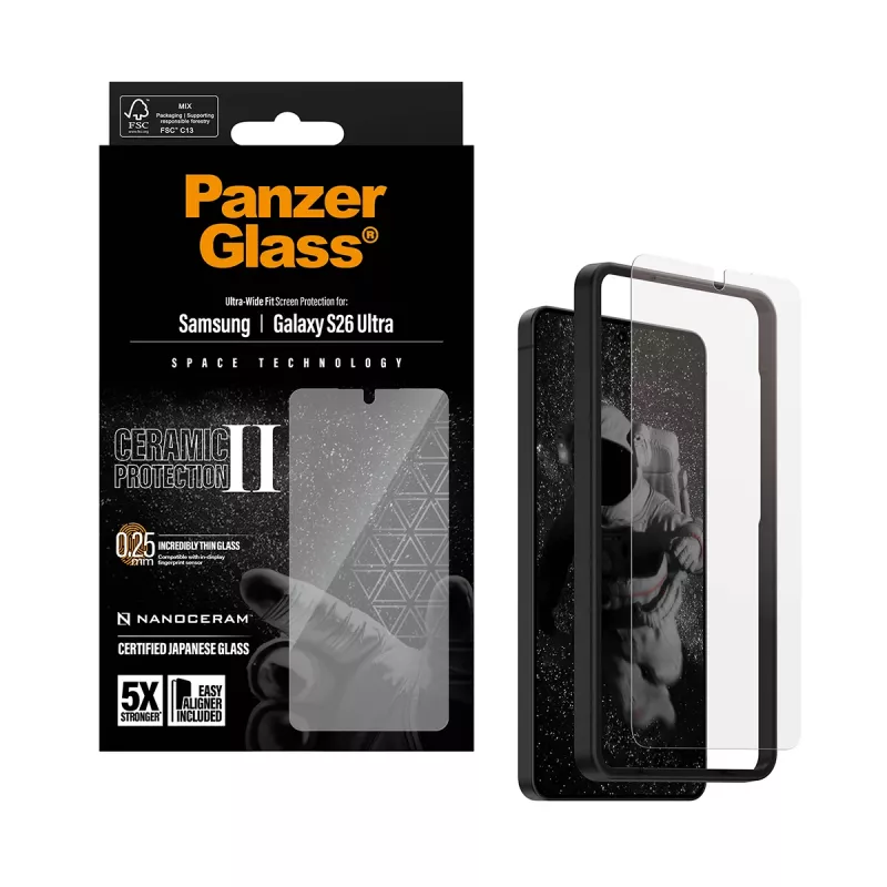 Apsauginis stiklas PanzerGlass Ceramic, skirtas Samsung Galaxy S26 Ultra – grūdintas stiklas-keramika, Ultra-Wide Fit, EasyAligner, permatomas