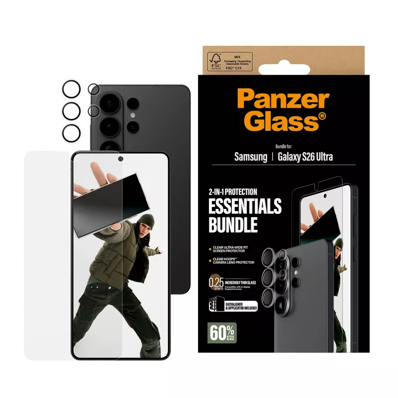 Apsauginių stiklų rinkinys PanzerGlass Hoops 2-in-1, skirta Samsung Galaxy S26 Ultra – grūdintas stiklas + PET, skaidrus, itin platus