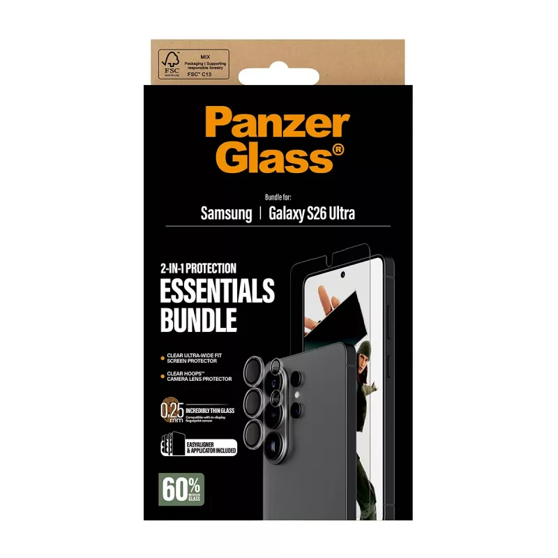Apsauginių stiklų rinkinys PanzerGlass Hoops 2-in-1, skirta Samsung Galaxy S26 Ultra – grūdintas stiklas + PET, skaidrus, itin platus