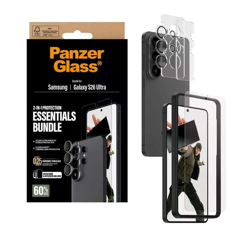 Apsauginių stiklų rinkinys PanzerGlass Hoops 2-in-1, skirta Samsung Galaxy S26 Ultra – grūdintas stiklas + PET, skaidrus, itin platus