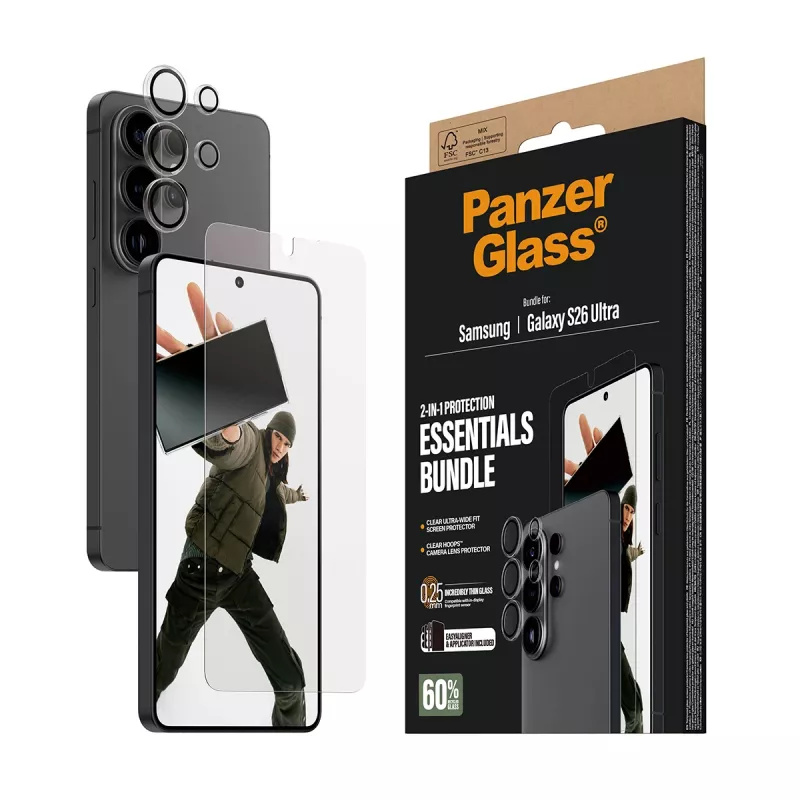 Apsauginių stiklų rinkinys PanzerGlass Hoops 2-in-1, skirta Samsung Galaxy S26 Ultra – grūdintas stiklas + PET, skaidrus, itin platus