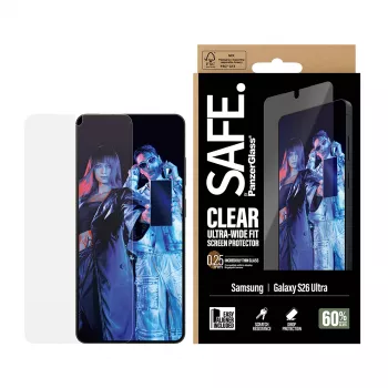 Apsauginis stiklas PanzerGlass SAFE, skaidrus, Ultra‑Wide Fit, Samsung New Galaxy S 2026 Ultra, PET + silikonas, su EasyAligner