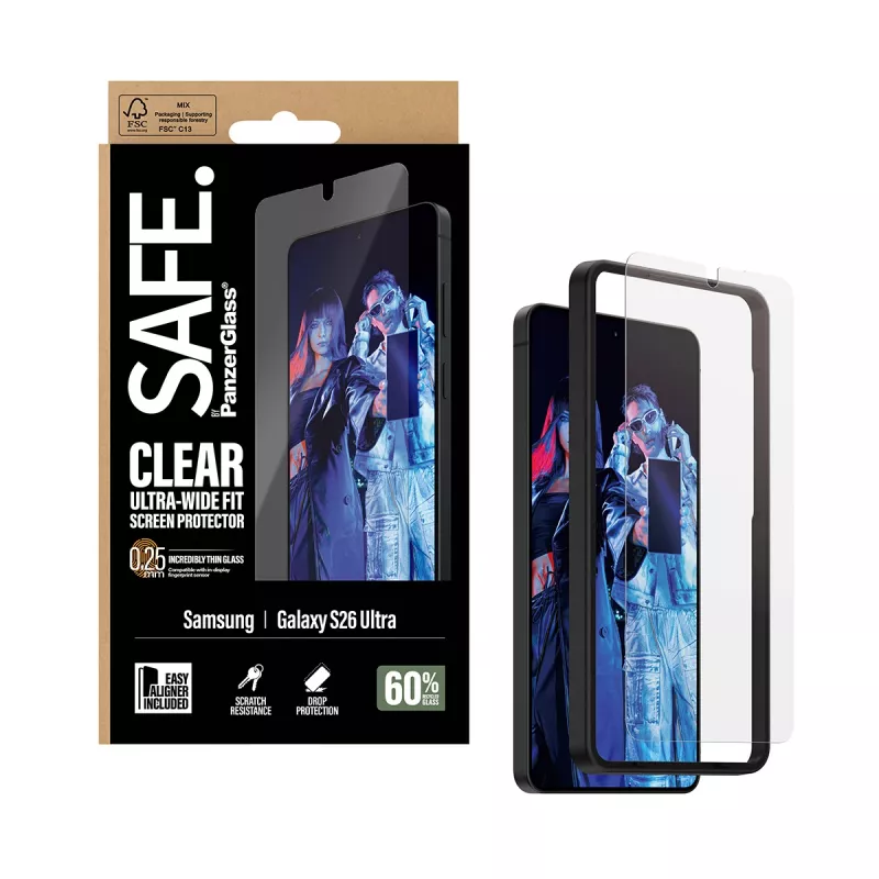 Apsauginis stiklas PanzerGlass SAFE, skaidrus, Ultra‑Wide Fit, Samsung New Galaxy S 2026 Ultra, PET + silikonas, su EasyAligner