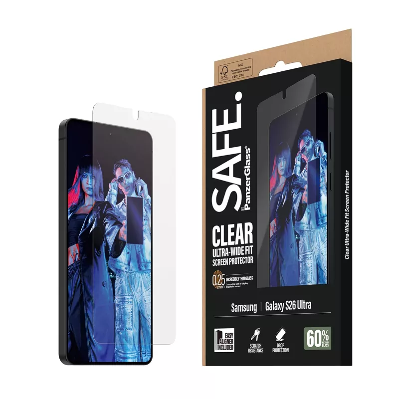 Apsauginis stiklas PanzerGlass SAFE, skaidrus, Ultra‑Wide Fit, Samsung New Galaxy S 2026 Ultra, PET + silikonas, su EasyAligner