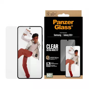 Grūdinto stiklo apsauginis ekranas PanzerGlass, skirta Samsung Galaxy S26+ — U-Wide Fit su EasyAligner