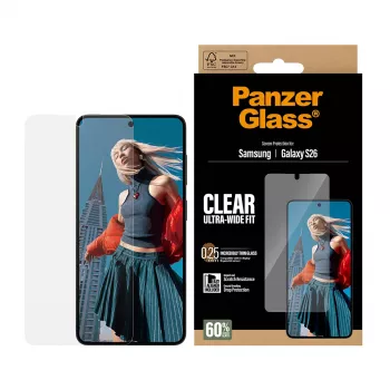 Skaidrus ekrano apsauginis stiklas PanzerGlass, Samsung Galaxy S26 – Ultra-Wide Fit, PET + silikonas, sausas klijavimas