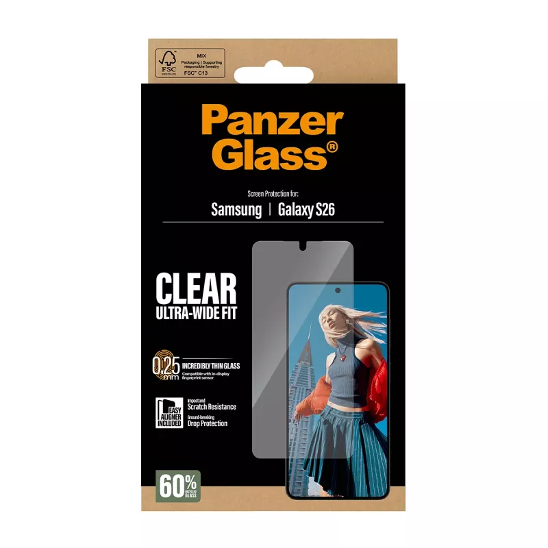 Skaidrus ekrano apsauginis stiklas PanzerGlass, Samsung Galaxy S26 – Ultra-Wide Fit, PET + silikonas, sausas klijavimas