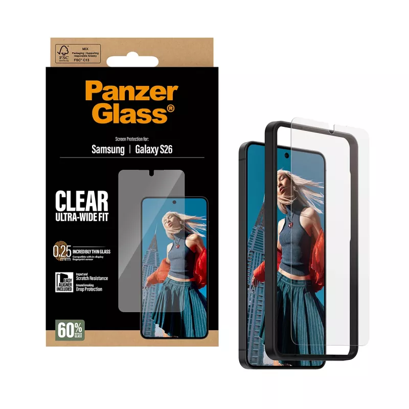 Skaidrus ekrano apsauginis stiklas PanzerGlass, Samsung Galaxy S26 – Ultra-Wide Fit, PET + silikonas, sausas klijavimas