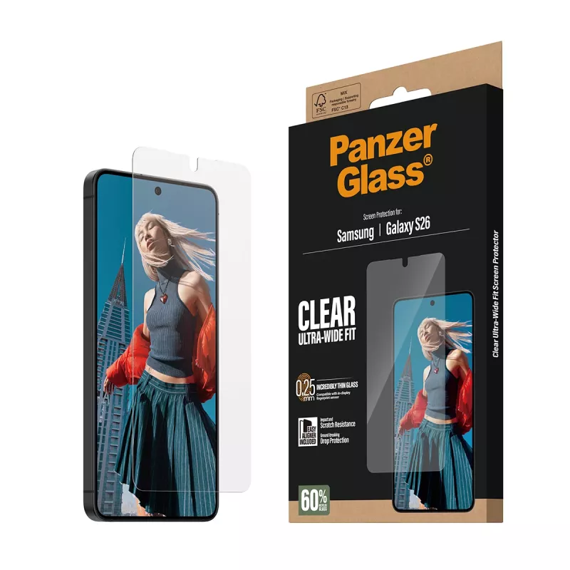 Skaidrus ekrano apsauginis stiklas PanzerGlass, Samsung Galaxy S26 – Ultra-Wide Fit, PET + silikonas, sausas klijavimas