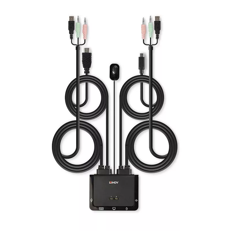 Lindy 2 prievadų HDMI 18G, USB Type C, USB 2.0 ir garso kabelinis KVM jungiklis