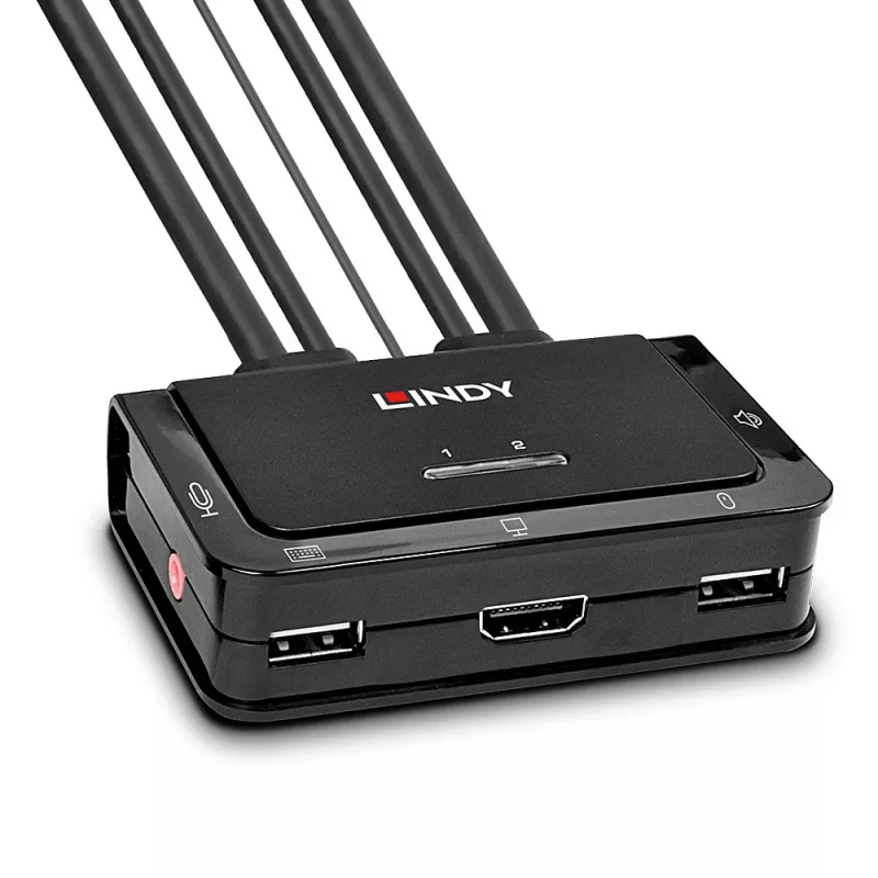 Lindy 2 portų KVM perjungiklis, HDMI 4K60, USB 2.0 ir audio, kabelis, juodas