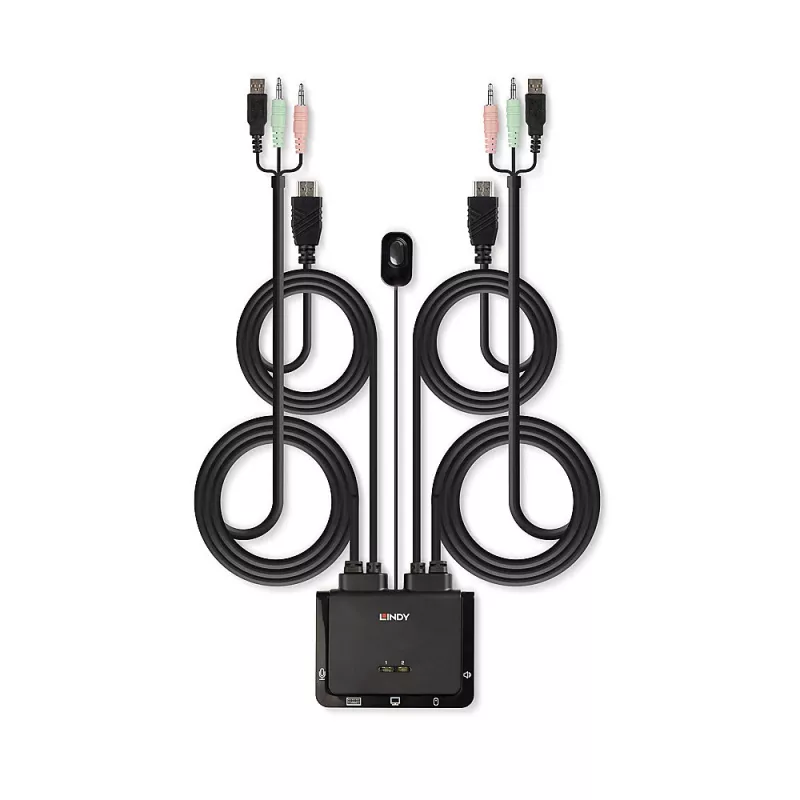Lindy 2 portų KVM perjungiklis, HDMI 4K60, USB 2.0 ir audio, kabelis, juodas