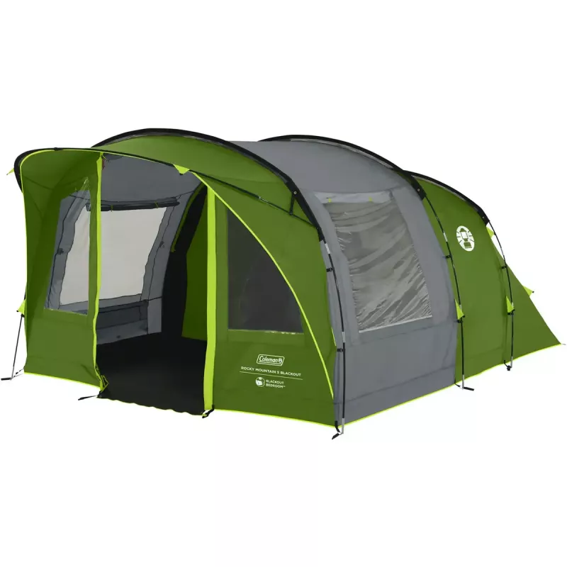 Palapinė COLEMAN Rocky Mountain 5 BlackOut Green/Grey – 2025 m. modelis, tunelinė šeimyninė palapinė 5 asmenims