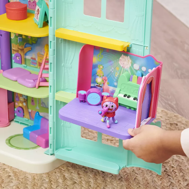 Gabby's Dollhouse Groovy Music Room su DJ Catnip figūrėle, 2 aksesuarais, 2 baldais ir 2 siuntomis, žaislai vaikams nuo 3 metų