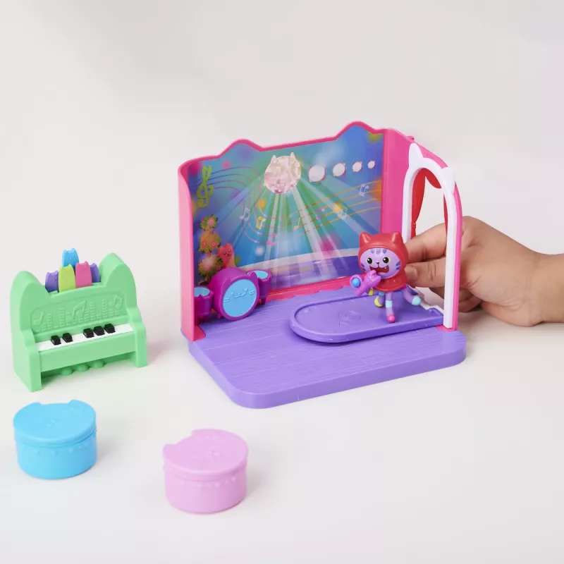 Gabby's Dollhouse Groovy Music Room su DJ Catnip figūrėle, 2 aksesuarais, 2 baldais ir 2 siuntomis, žaislai vaikams nuo 3 metų