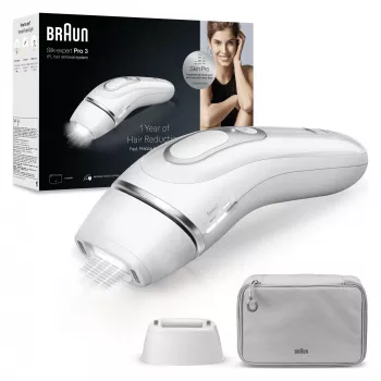 IPL plaukų šalinimo prietaisas BRAUN Silk‑expert Pro 3 PL3020 — sidabrinis/baltas, maitinamas iš tinklo, su kūno ir veido antgaliais