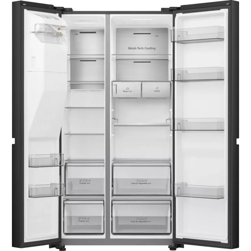 Šaldytuvas Hisense Side by Side RS818N4TFE, laisvai pastatomas, amerikietiškos durys, juodas, su lietimu ir LED ekranu duryse