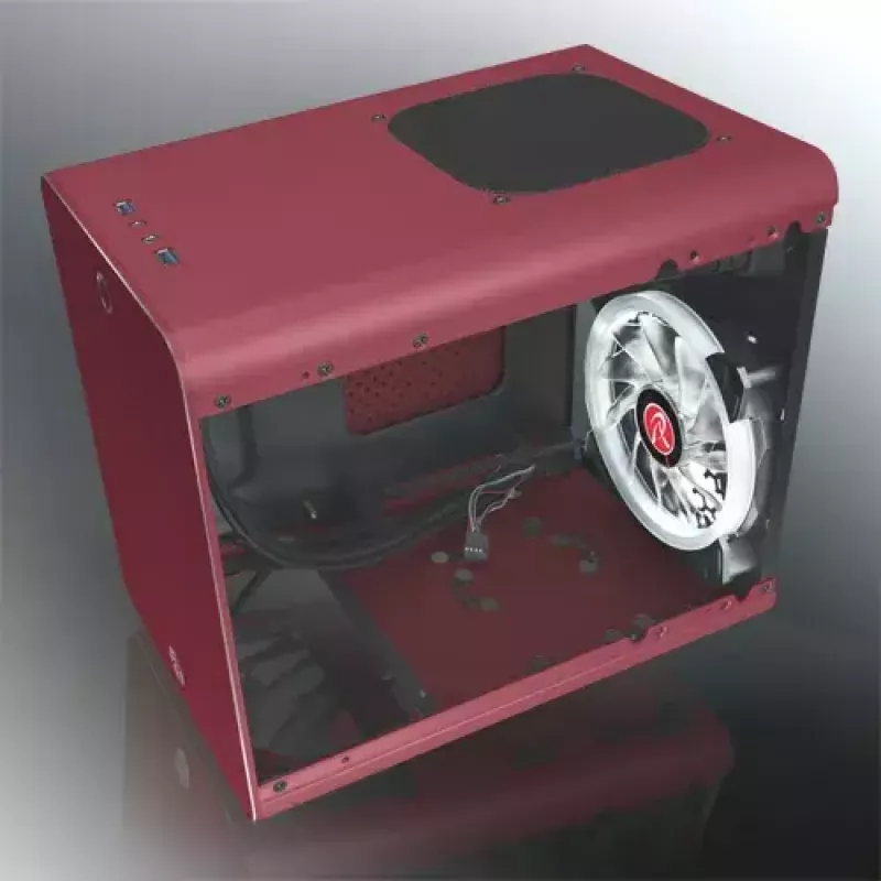 RAIJINTEK METIS PLUS Mini bokštas raudonas — Mini-ITX, 1x 3,5 colio vieta, 4x 2,5 colio vietos, 120 mm ventiliatoriai