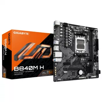 GIGABYTE B840M H Motininė plokštė - AMD Ryzen 9000 procesoriams, 5+2+2 fazių VRM, iki 7200MHz DDR5 (OC), 1xPCIe 4.0 M.2, 1GbE LAN, USB 3.2 Gen 1