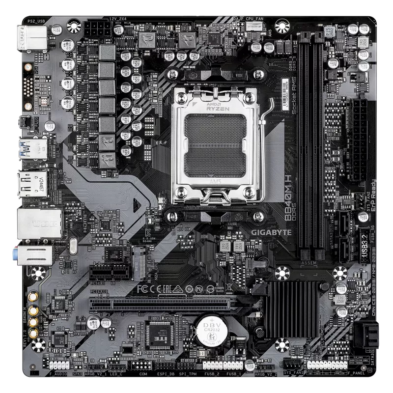 GIGABYTE B840M H Motininė plokštė - AMD Ryzen 9000 procesoriams, 5+2+2 fazių VRM, iki 7200MHz DDR5 (OC), 1xPCIe 4.0 M.2, 1GbE LAN, USB 3.2 Gen 1