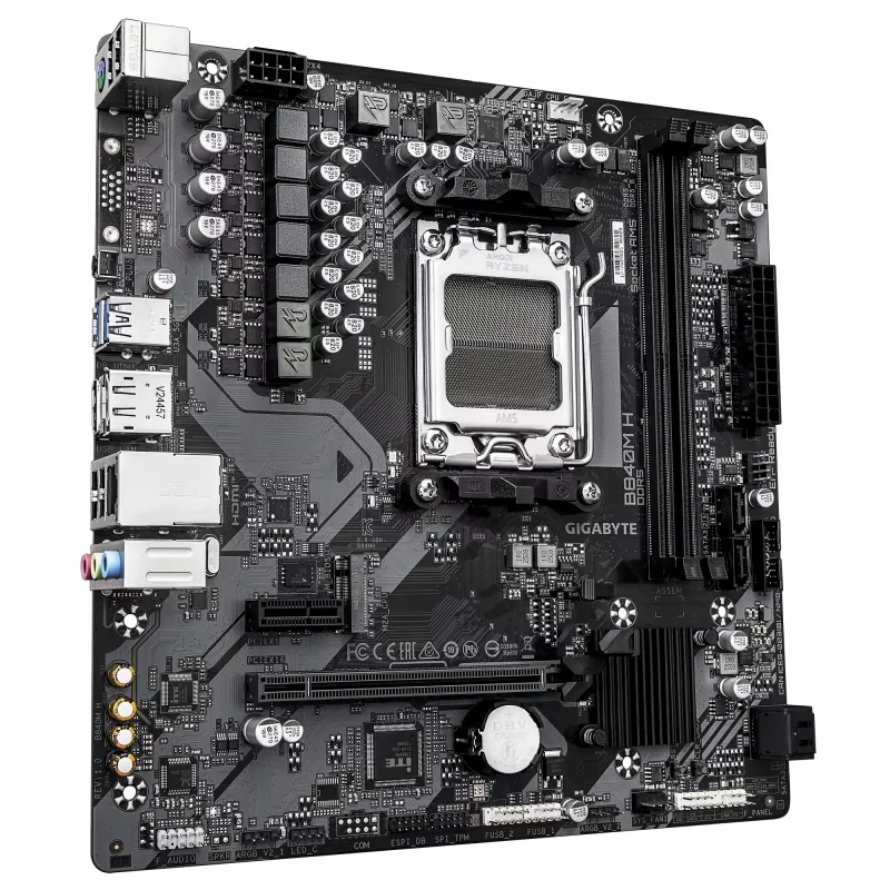 GIGABYTE B840M H Motininė plokštė - AMD Ryzen 9000 procesoriams, 5+2+2 fazių VRM, iki 7200MHz DDR5 (OC), 1xPCIe 4.0 M.2, 1GbE LAN, USB 3.2 Gen 1