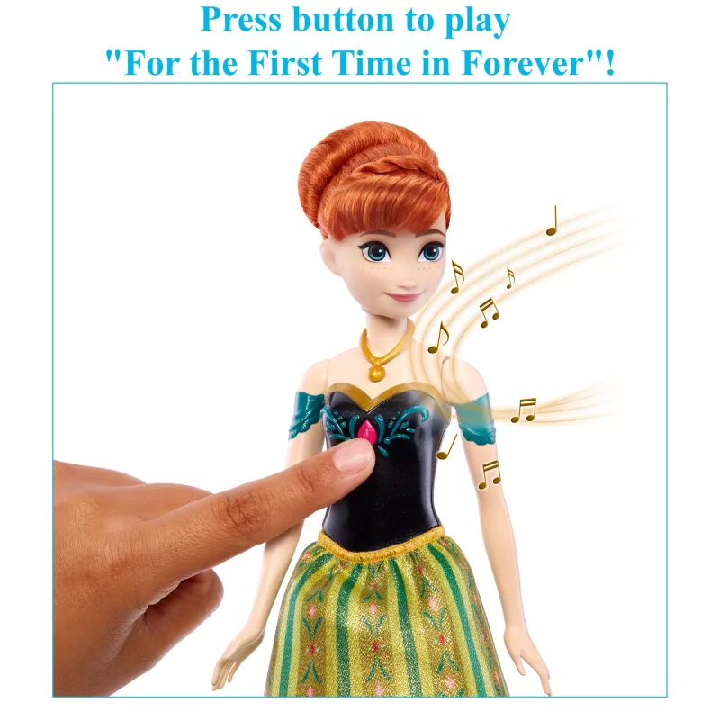 Disney Frozen dainuojanti Anna lėlė dainuoja „For the First Time in Forever“ 4 kalbomis