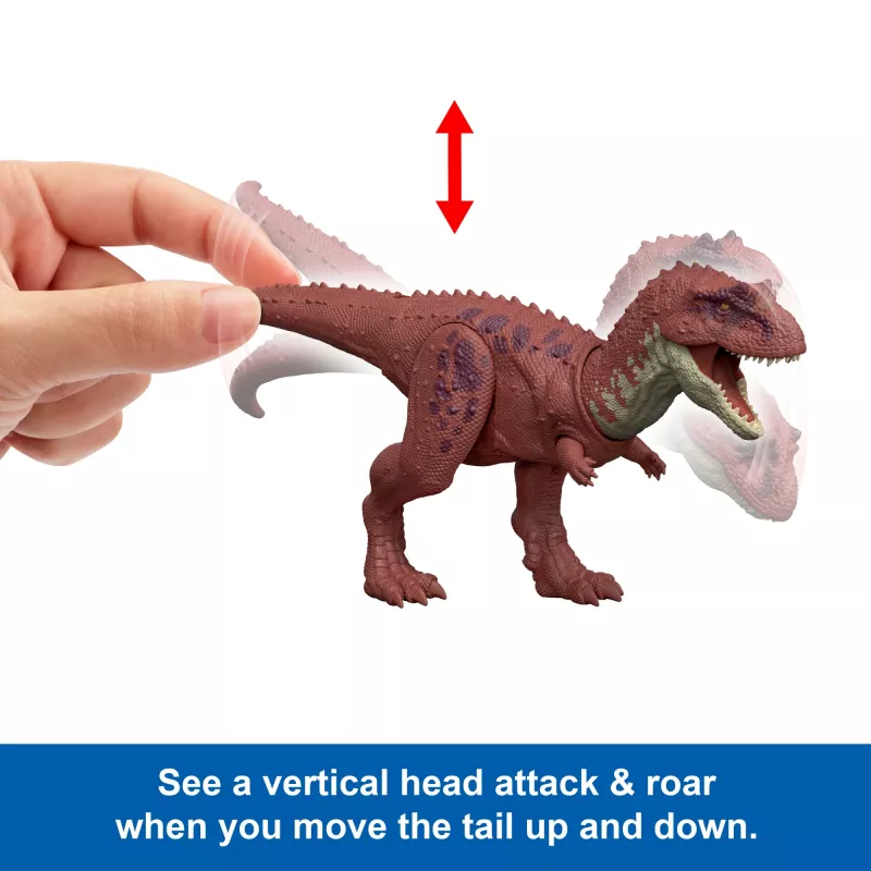 Jurassic World Rebirth Wild Roar Aucasaurus dinozaurų žaislas, uodegos valdomas ataka, krimtimas ir garsas