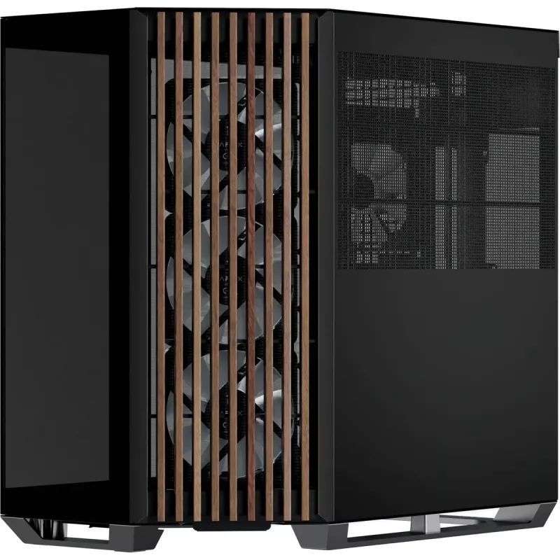 APNX V1-W-BK-v3 korpusas Tower su dviem grūdinto stiklo plokštėmis ir medžio apdaila, juodas