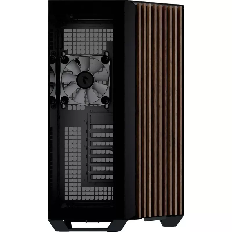 APNX V1-W-BK-v3 korpusas Tower su dviem grūdinto stiklo plokštėmis ir medžio apdaila, juodas
