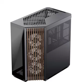 APNX V1-W-BK-v3 korpusas Tower su dviem grūdinto stiklo plokštėmis ir medžio apdaila, juodas