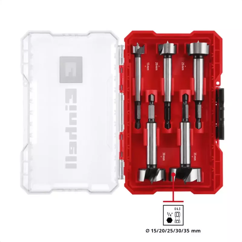 Forstner grąžtų rinkinys Einhell-KWB 5 vnt., raudonas/skaidrus, 1/4 colio kotas, M-CASE (MPN 706003)