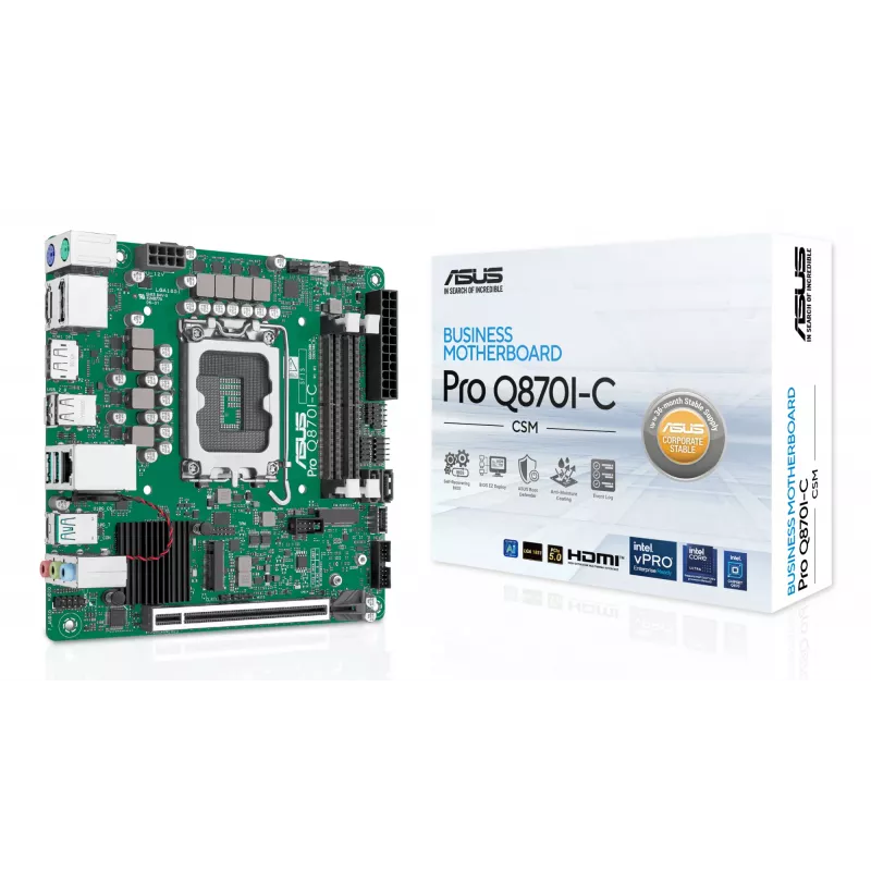 Mini ITX pagrindinė plokštė ASUS PRO Q870I-C-CSM LGA 1851, Intel Q870, DDR5 SO-DIMM, 2 lizdai, iki 128 GB