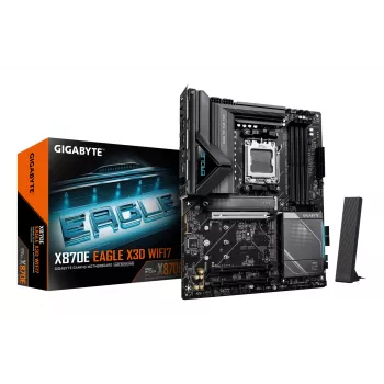 GIGABYTE X870E EAGLE X3D WIFI7 pagrindinė plokštė – palaiko AMD Ryzen 9000 CPU, 14+2+2 fazių skaitmeninį VRM, DDR5 iki 9000 MHz (OC), 1xPCIe 5.0 + 3xPCIe 4.0, Wi-Fi 7, 5GbE LAN, USB4